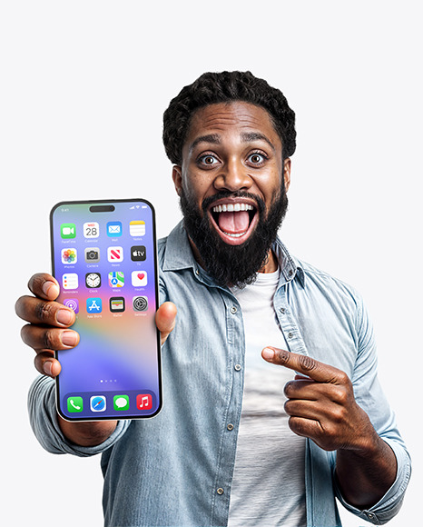 Black Guy Holding Big Iphone in a Hand Mockup