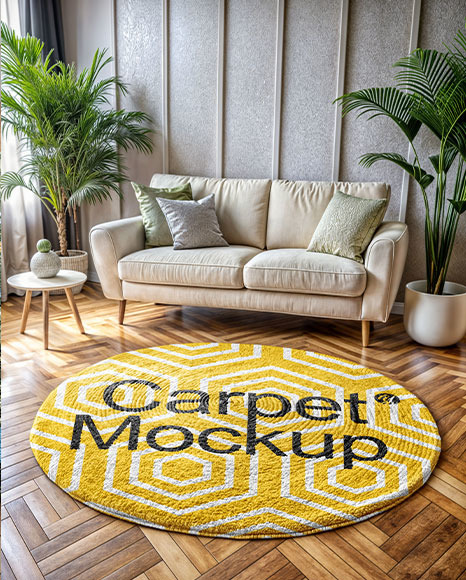 Round Rug in Interior with Sofa Mockup