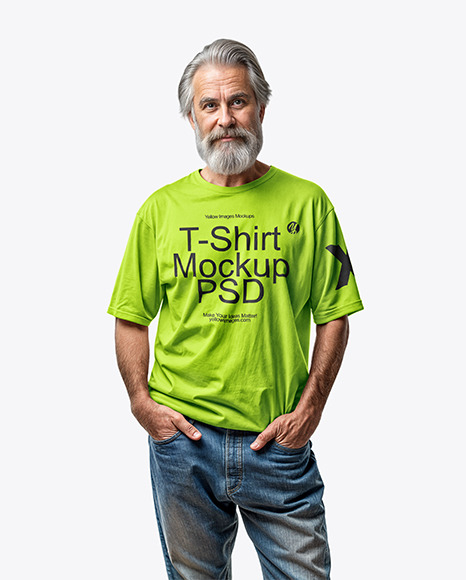 An Elderly Man with a Beard is Wearing a T-shirt and Jeans Mockup