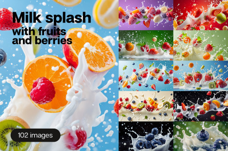 Milk splash with fruits and berries - 102 images