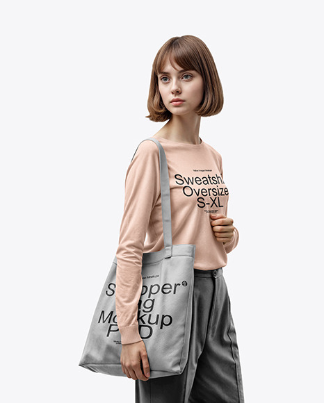 Young Woman with Tote Bag Wearing a Sweatshirt Mockup