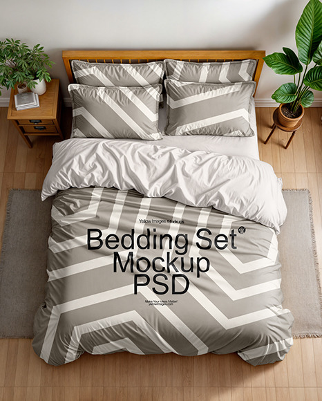 Wooden Double Bed with Bedding Set Mockup