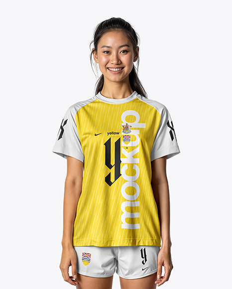 Young Woman Wearing Raglan Soccer Jersey and Shorts Mockup