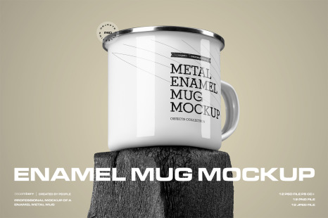 12 Mockups of Enamel Metal Mug on Burnt Wood Bar