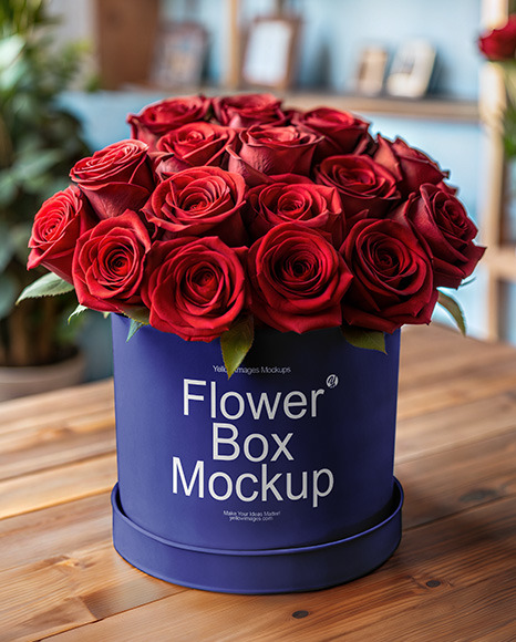 Round Flower Box with Red Roses Mockup