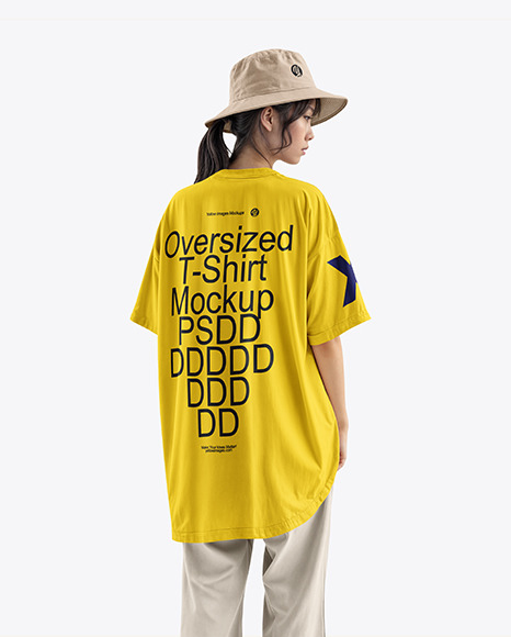 A Young Asian Woman Wearing a Bucket Hat and Oversize T-Shirt Mockup
