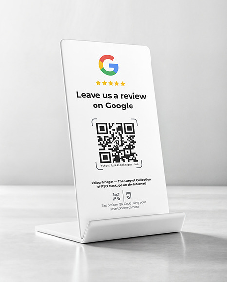 Plastic QR Code Scan Stand On a White Background Mockup
