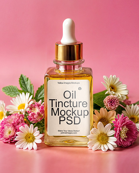 Oil Tincture Square Bottle with Flowers Mockup