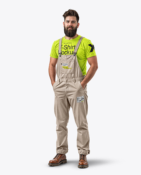 A Bearded Man Wearing a Bib Overall and T-Shirt Mockup