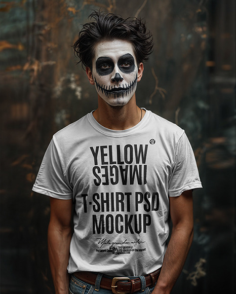 A Man with Spirit of Halloween Mask Wearing a T-Shirt Mockup