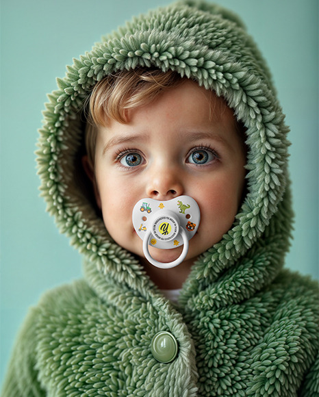 A Baby Boy Wearing Green Fluffy Fur Coat with Pacifier Mockup