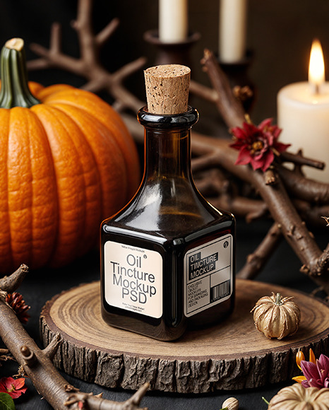 Amber Square Oil Tincture Bottle with Candles and Pumpkin Mockup