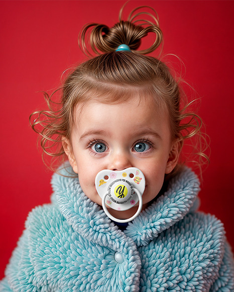 A Baby Girl Wearing Blue Fluffy Fur Coat with Pacifier Mockup