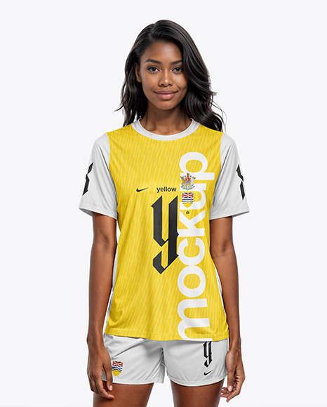 Young Black Woman Wearing a Soccer Jersey and Shorts Mockup