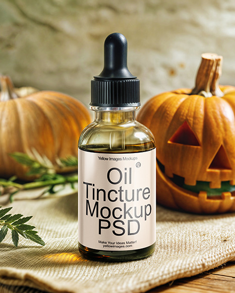 Oil Tincture Dropper Bottle with Pumpkin and Herbs Mockup