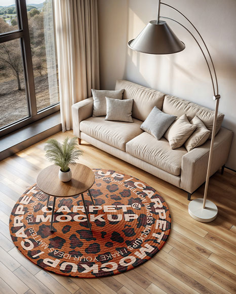 Living Room with Round Rug and Sofa Mockup