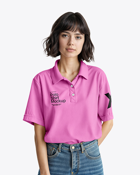 Young Woman Wearing an Oversize Polo Shirt and Jeans Mockup