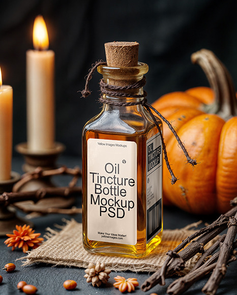 Oil Tincture Square Bottle Tied with Twine Mockup