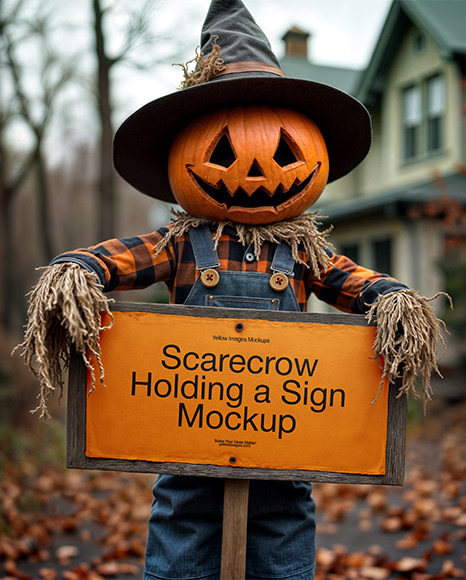 Halloween Scarecrow Holding a Sign Mockup