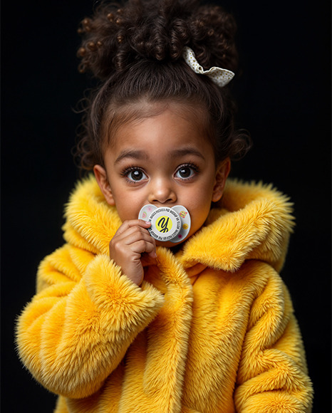 A Black Baby Girl Wearing Yellow Fluffy Fur Coat with Pacifier Mockup