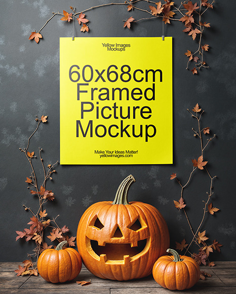 Poster on a Wall with Branches and Pumpkins Mockup
