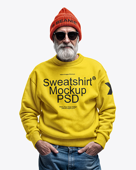 An Elderly Man with Sunglasses Wearing a Sweatshirt and Beanie Hat Mockup