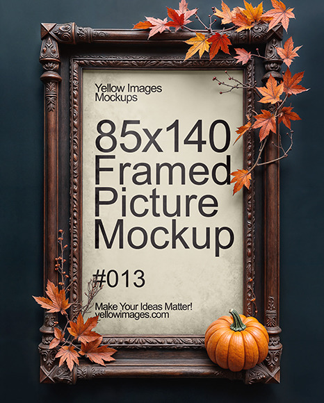 Picture in a Antique Frame Decorated with Leaves and Pumpkin Mockup