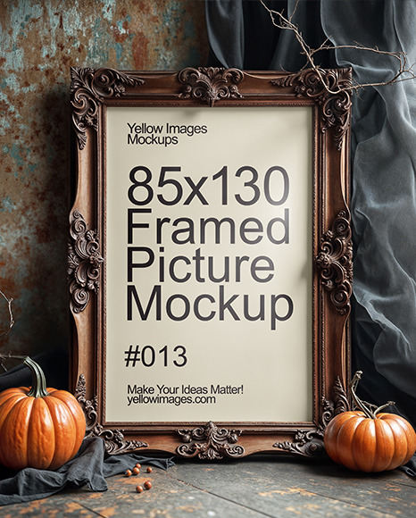 Picture in a Halloween Themed Antique Frame with Pumpkins Mockup