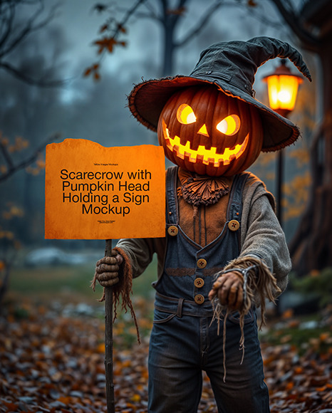 Scarecrow with Pumpkin Head Holding a Sign Mockup