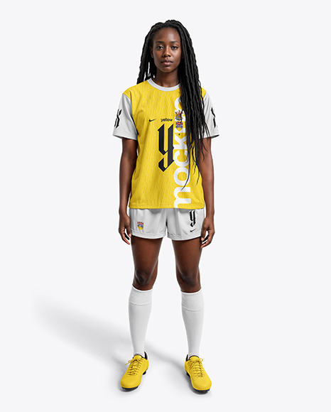 A Black Woman with Dreadlocks Wearing a Full Soccer Kit Mockup