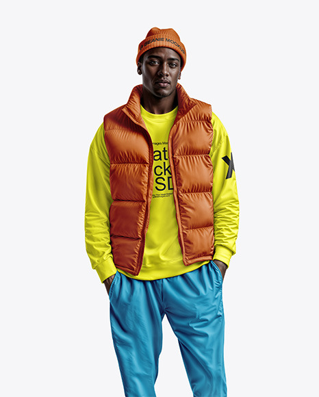 A Man Wearing a Puffer Vest with a Sweatshirt and Beanie Hat Mockup
