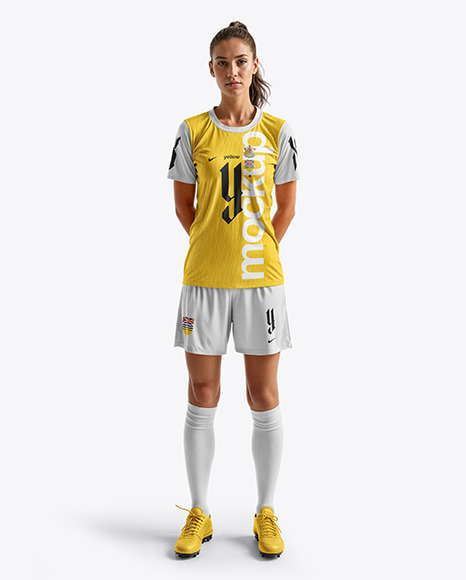 A Young Woman Wearing a Full Soccer Kit Mockup