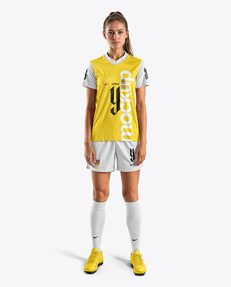 A Young Woman Wearing a Full V-Neck Soccer Kit Mockup