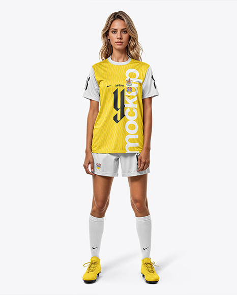 A Young Woman Wearing a Crew Neck Full Soccer Kit Mockup