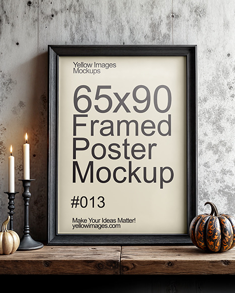 Picture in a Wooden Frame with Pumpkins and Candles Mockup