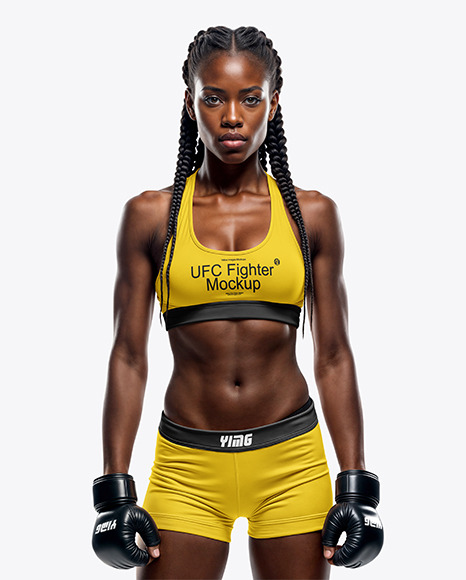 Black Female UFC Fighter Wearing Sports Bra and Short Mockup