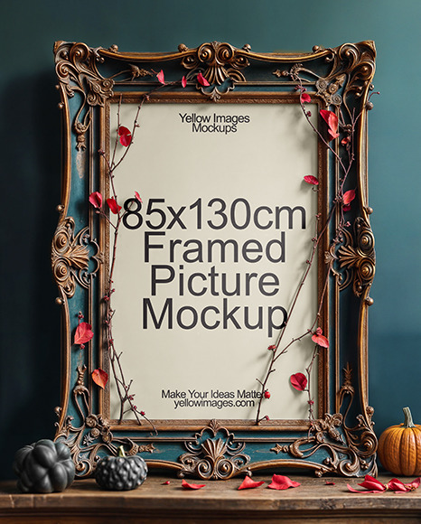 Picture in a Halloween Themed Antique Frame with Pumpkins and Branches Mockup