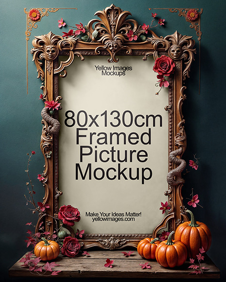 Picture in a Halloween Themed Antique Frame with Pumpkins and Roses Mockup