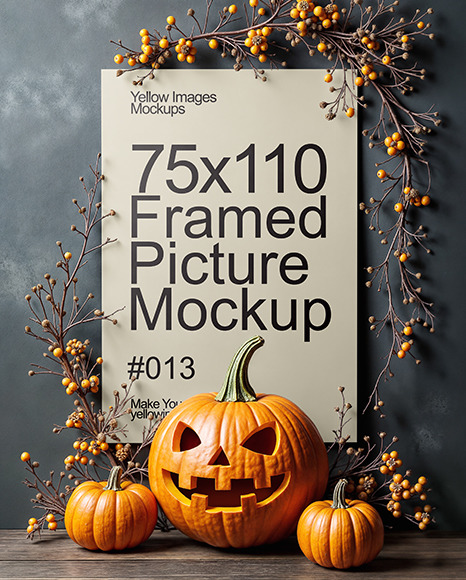 Poster on a Wall with Branches and Pumpkins Mockup