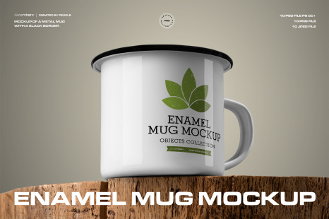 10 Mockups of Enamel Metal Mug with Black Border on Old Wood