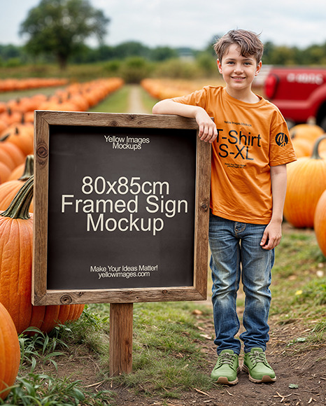 Boy Leaned Hand on Sign at Pumpkin Patch Mockup