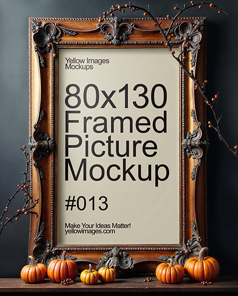 Picture in a Halloween Themed Antique Frame with Pumpkins and Branches Mockup