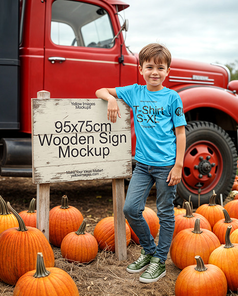 Boy Leaned Hand on Sign at Pumpkin Patch Mockup