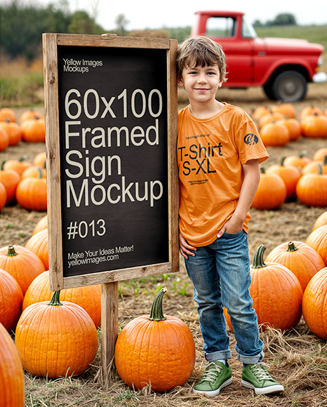 Boy Standing Next to Wooden Framed Sign at Pumpkin Patch Mockup