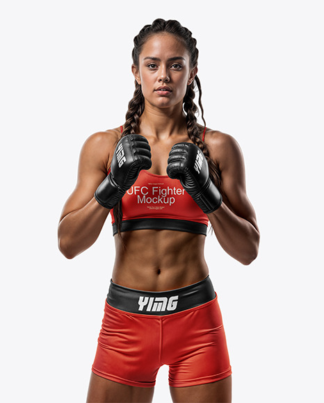 Female UFC Fighter with Pigtails Wearing Sports Bra and Shorts Mockup