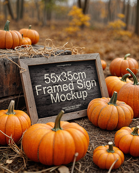 Wooden Framed Sign at Pumpkin Patch Mockup