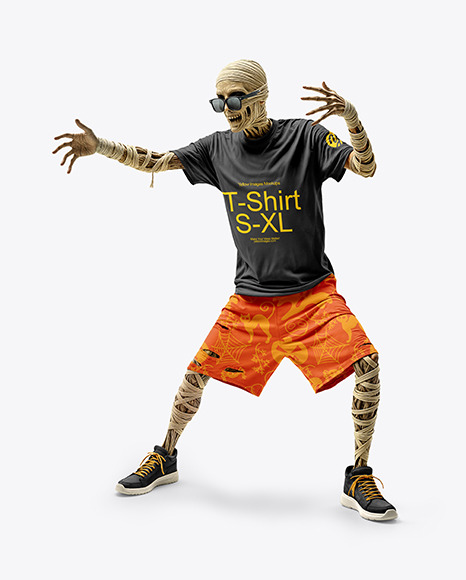 Undead Mummy in Sunglasses Wearing T-shirt and Baggy Shorts Mockup