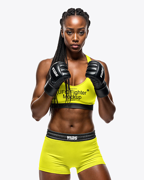 Black Female UFC Fighter Wearing Sports Bra and Short Mockup