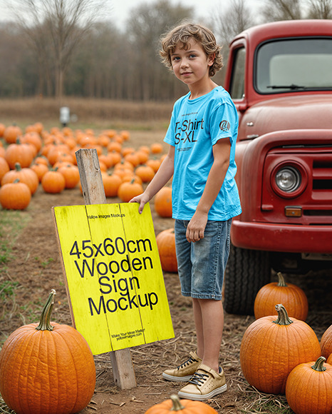 Boy Standing Next to Sign at Pumpkin Patch Mockup