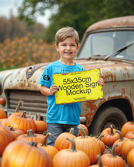 Boy Holding Wooden Sign Next to Truck at Pumpkin Patch Mockup